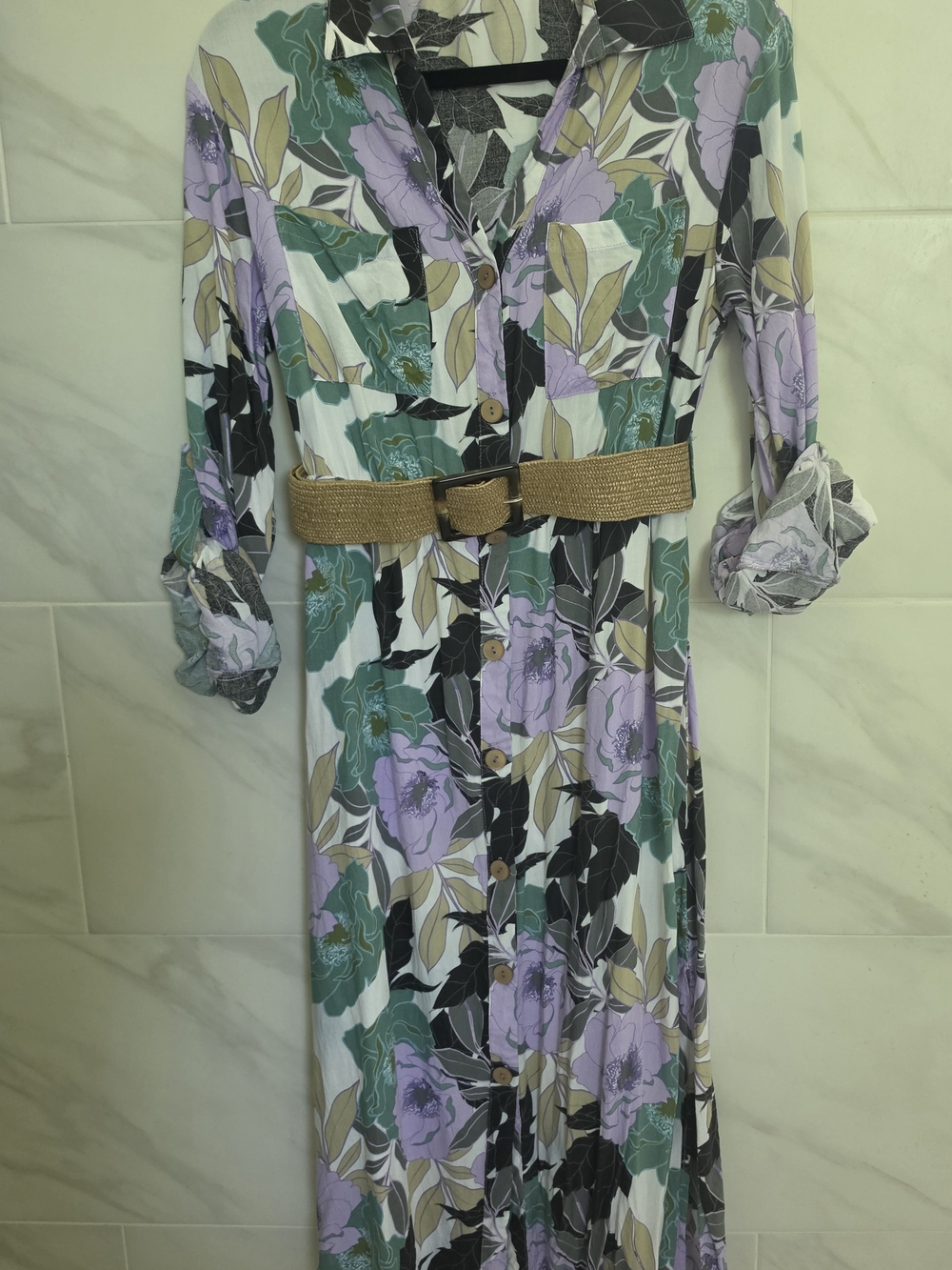 Floral Button-Front Maxi Dress in Lavender and Green
